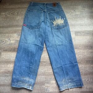 JNCO Jeans Crown Wide Leg Skater Jeans Vintage 34x32 Y2K Baggy Blue Embroidered